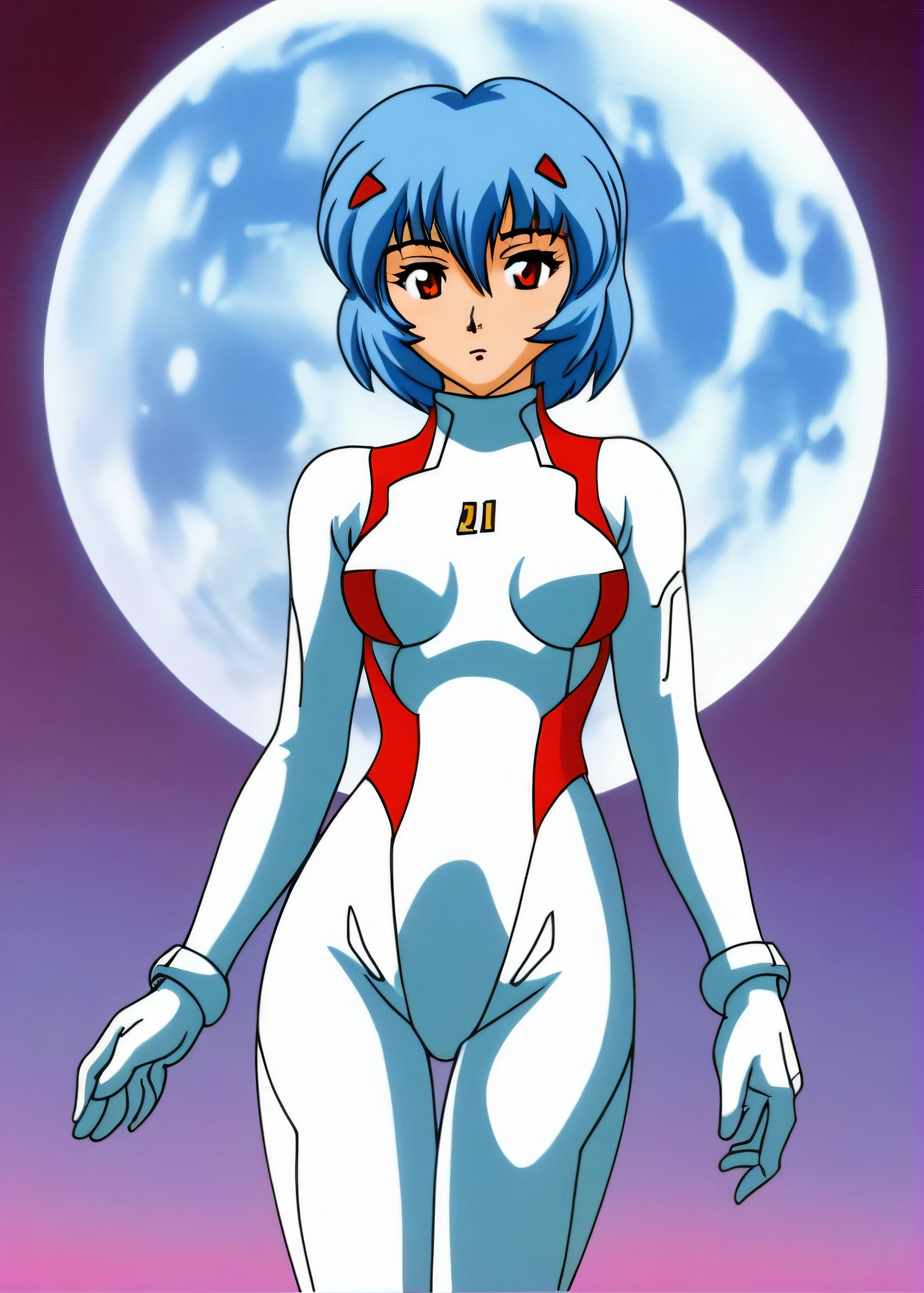 retro artstyle,1990s (style),oldest, <lora:Rei:0.6> 1girl,solo,breasts,looking at viewer,short hair,bangs,red eyes,gloves,hair between eyes,closed mouth,blue hair,standing,cowboy shot,medium breasts,bodysuit,turtleneck,huge moon,full moon,pilot suit,bracer,plugsuit,white bodysuit,skinny,holding own arm,hand on own arm,ayanami rei