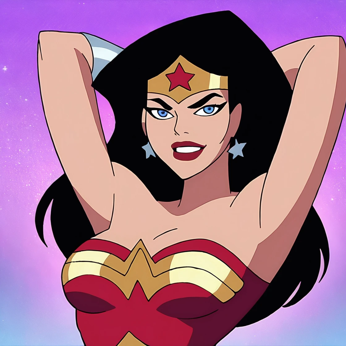 score_9, score_8_up, score_7_up, score_6_up, absurdres, best quality,  source_cartoon, looking at viewer, simple background, portrait, arms behind head, smile, teeth,  <lora:JLWW:1> ,wwjl, 1girl, long hair, breasts, lipstick, black hair, bare shoulders, jewelry, earrings, lasso, lasso of truth, wonder woman, vambraces, strapless, boots, star, (symbol), leotard, tiara, red footwear, bracer, star earrings, high heel boots, star print,
