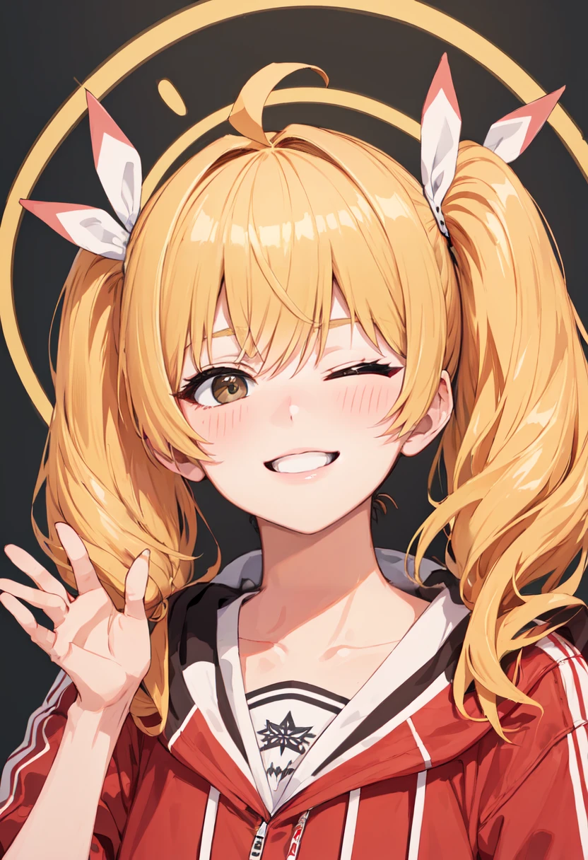 best quality, masterpiece, highres, solo, (yoshimi_bluearchive:1.10), smile, happy, one eye closed, portrait, looking at viewer, 37 <lora:yoshimi_bluearchive:0.80>