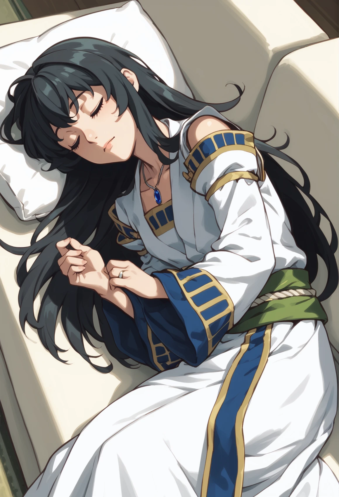 1girl, solo, black hair, long hair, pendant, green eyes, white dress, rope belt, long sleeves, wide sleeves, detached sleeves, bare shoulders, bridal gauntlets, lying, on side, sleeping, closed eyes, snoring, :3, couch<lora:Viki_Suikoden_II_XL-v2:1>, score_9, score_8_up, score_7_up, score_6_up, score_5_up, score_4_up, BREAK source_anime, masterpiece