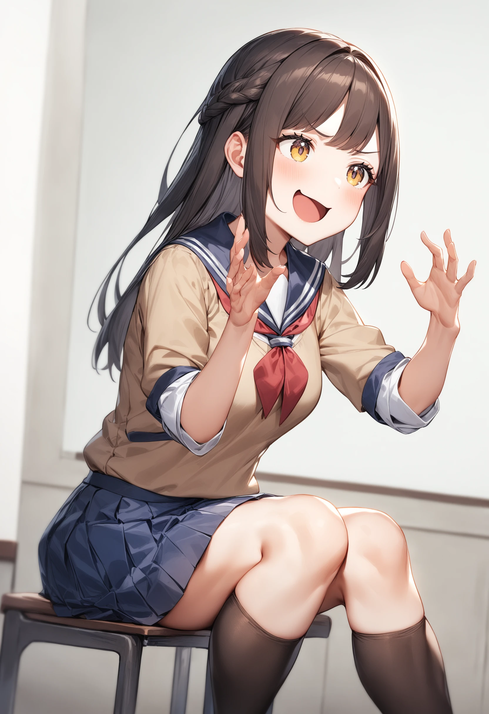1girl, <lora:sdxl2-flat2-512b:-1>,medium breasts,school uniform,
potters wheel pose,<lora:potterswheelpose_XL_v1:0.7>open mouth, hands up, outstretched hand, sitting, looking away,
from behind, feet out of frame, smug face, plateau,
masterpiece, best quality, very aesthetic, absurdres