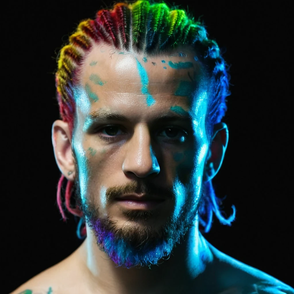 Sean O'Malley UFC fighter with glowing rainbow bioluminescent hair,  with glowing blue bioluminescent, black background
 <lora:Sean O'Malley UFC fighter:1>