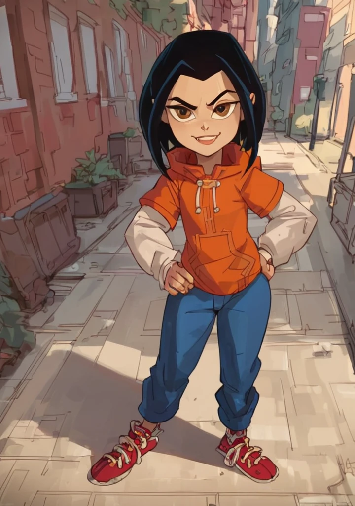 jadechan, black hair, solo, brown eyes, 1girl, hoodie, long sleeves, pants,sneakers, looking at viewer, smile, outdoors, standing,hand on own hip, score_9, score_8_up, score_7_up, <lora:Jadepony2:1> zPDXLxxx