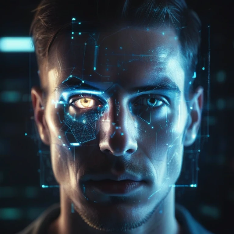 <lora:holoportraitv1:0.7> ,portrait of a man made of light, holo, hololive, hologram, UI, interface, nodes, particles, (futuristic:1.2), artificial eye, cyborg, cyberpunk, best quality, high quality, masterpiece, raw, artistic, digital illustration, realistic, photorealistic, hyperrealism