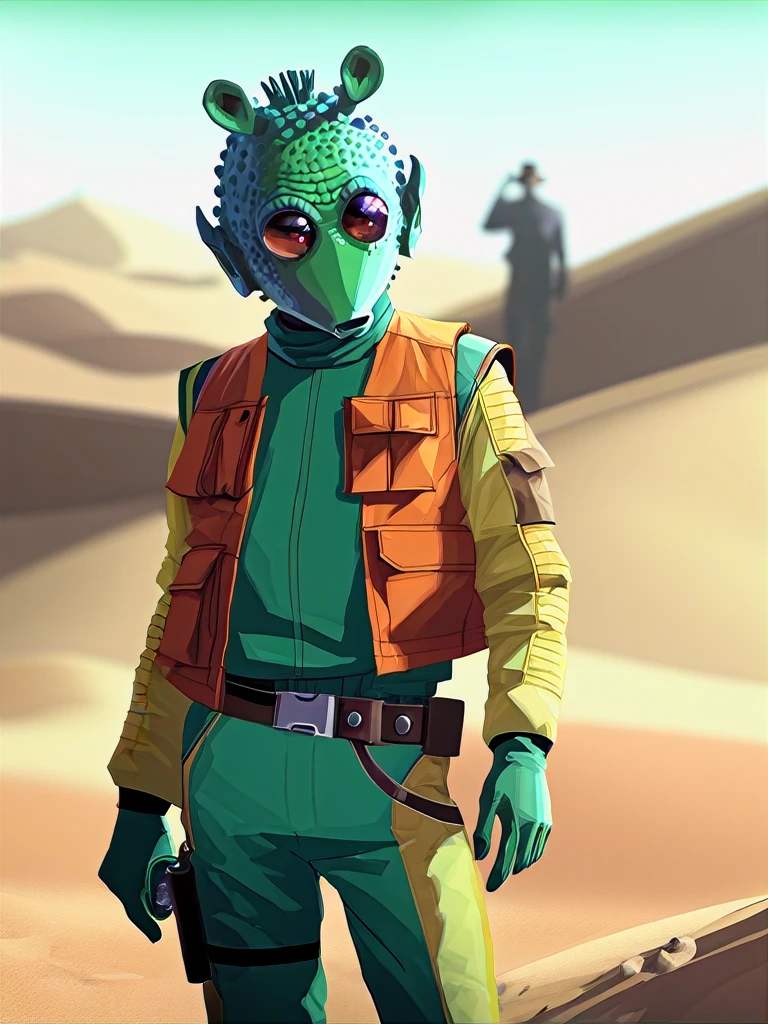 rodian alien,orange vest,belt,holster,green and yellow jumpsuit,green skin,on a desert, masterpiece, best quality, soft light, bokeh, real shadow, cinematic, subsurface scuttering<lora:RodianXL:0.8>