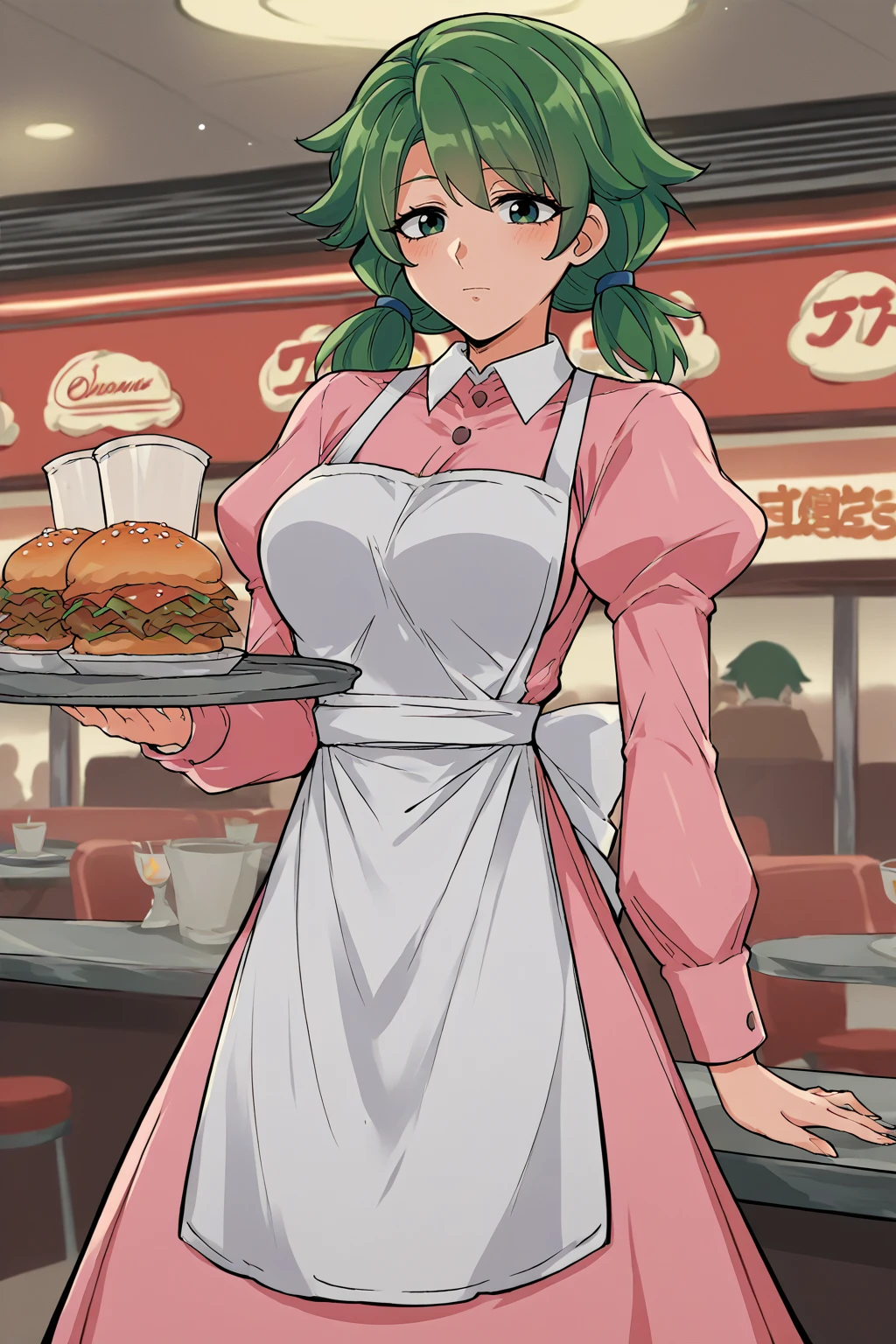 source_anime, score_9, score_8_up, solo, 1girl, <lora:NSCarolineStardew:1> NSCarolineStardew, green hair, low twintails, short hair, mature, white apron, short pink skirt, diner, pink collared shirt, shot sleeves, puffy sleeves, waitress, platter