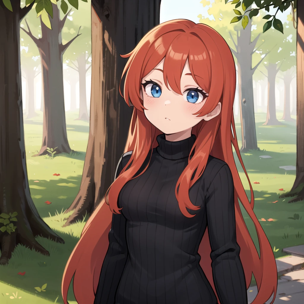 2k, 1girl, black turtleneck sweater, long hair, forest,  red hair, blue eyes,