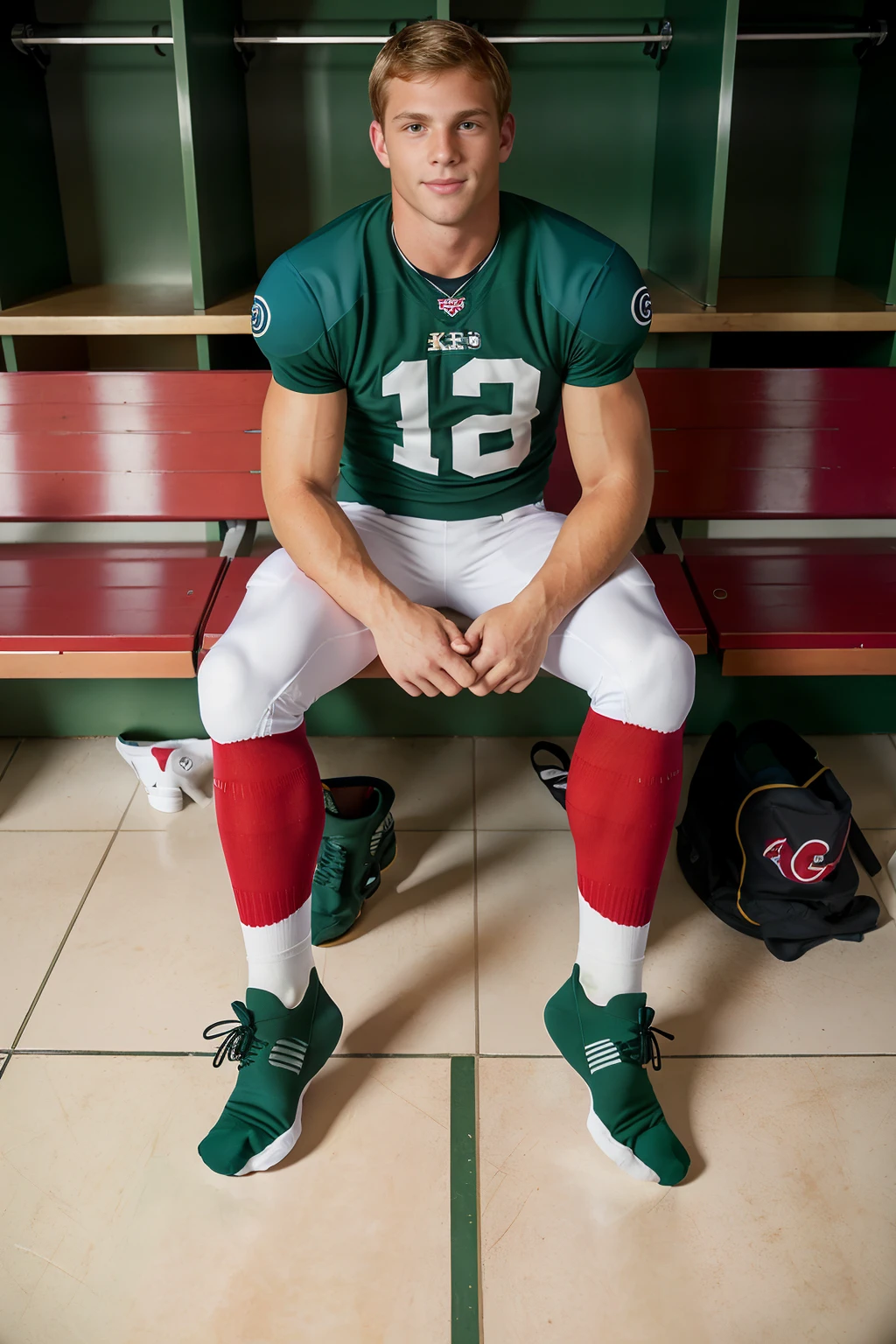 locker room, lockers in the background, sitting on a bench, slight smile, LiamPhoenix is an (American football player), wearing (football uniform), (green jersey:1.2), (shoulder pads), jersey number 12, (white football pants), (red socks:1.3), (black sneakers), (((full body portrait))), wide angle <lora:LiamPhoenix:0.8>