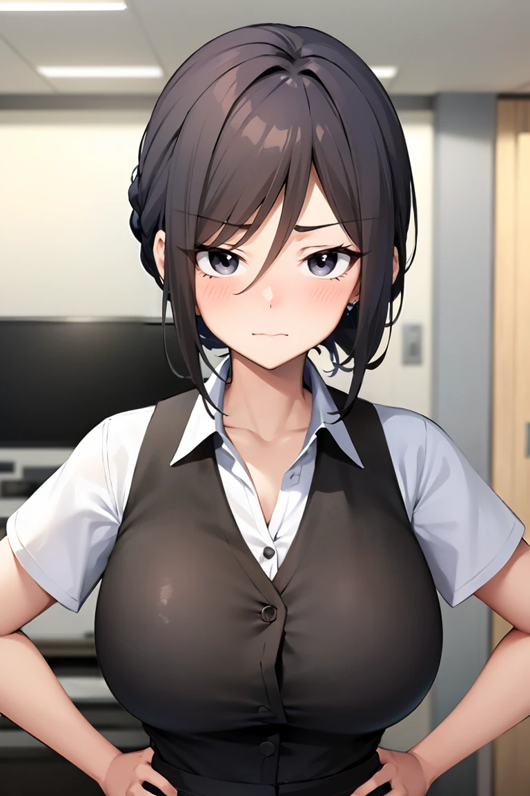 (masterpiece, best quality), 1girl, solo, looking at viewer,
<lora:Yuuna-OL:0.8>, black hair, single hair bun, swept bangs, black eyes, large breasts, sidelocks,
glaciers, cave pearl,shooting star,fjord,
hands on hips, showing readiness or impatience,
black vest, short sleeves, white shirt, collared shirt, sidelocks, office lady, black eyes, swept bangs,
cowboy shot,
blush, closed mouth, serious, embarrassed,