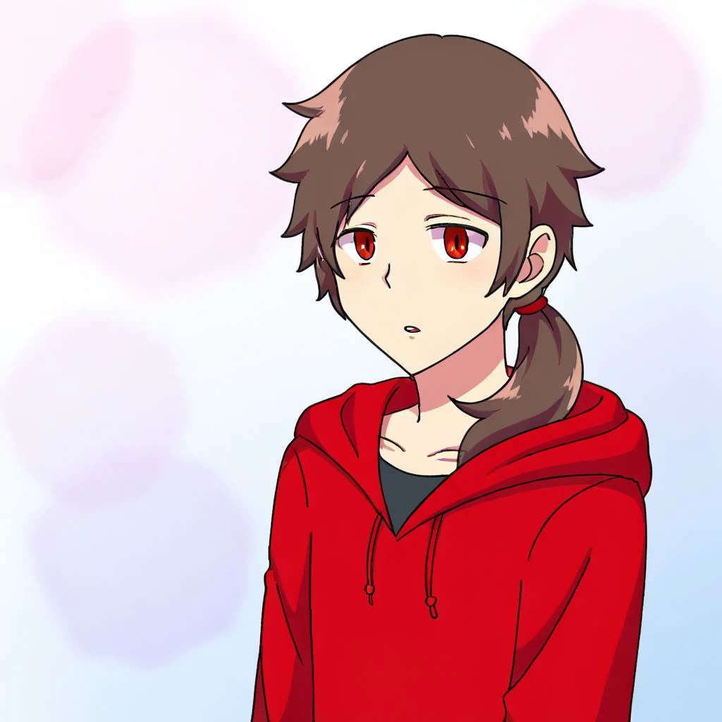 1boy, male focus, solo, ponytail, low ponytail, hood, parted lips, red eyes