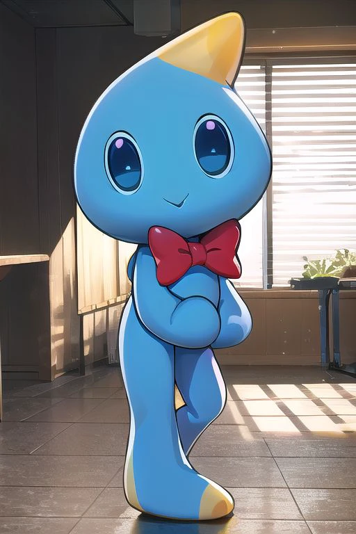 , High quality, nonblurry, male focus, Ultra HD, HDR, 8K, smooth lighting, solo, (fully clothed, masterpiece, photorealistic, good shading, studio quality), (Chao, cute, Chao, red bowtie, blue creature, round waterdrop-like heads, large eyes, no nose, short tail, small wings, floating dot above it's head, round torso, smooth feet), ((skinny, small, epic lighting)), best_quality, perfect quality, cinematic lighting, highest quality, intricate details