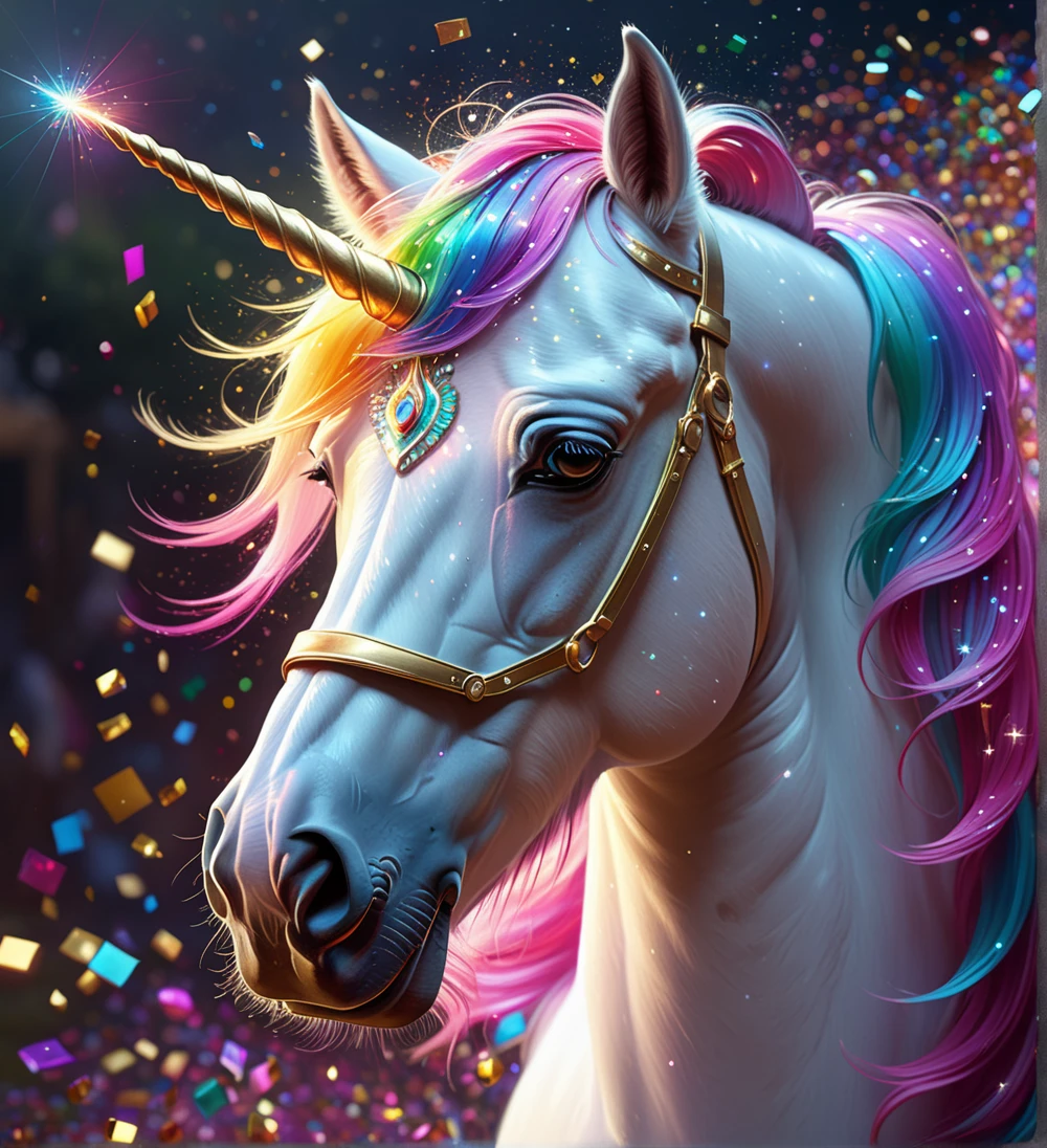 digital painting, horse, unicorn, horn, glitter, sparkling, magical, elegant, fantasy, colorful,hyperrealistic , hyperdetailed, 8k resolution, Unreal Engine, by Scott Naismith, Artgerm, Andreas Franke