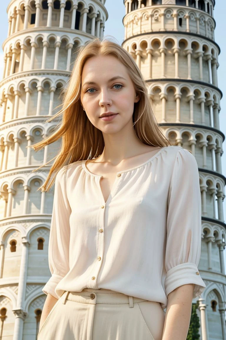 European woman, closeup, sandals, (shirt), pants, (leaning tower of pisa), (ZM_aurora: 1.1), wide shoulders, perfect face, (contact iris: 1.1), pale skin, skin pores , depth of field