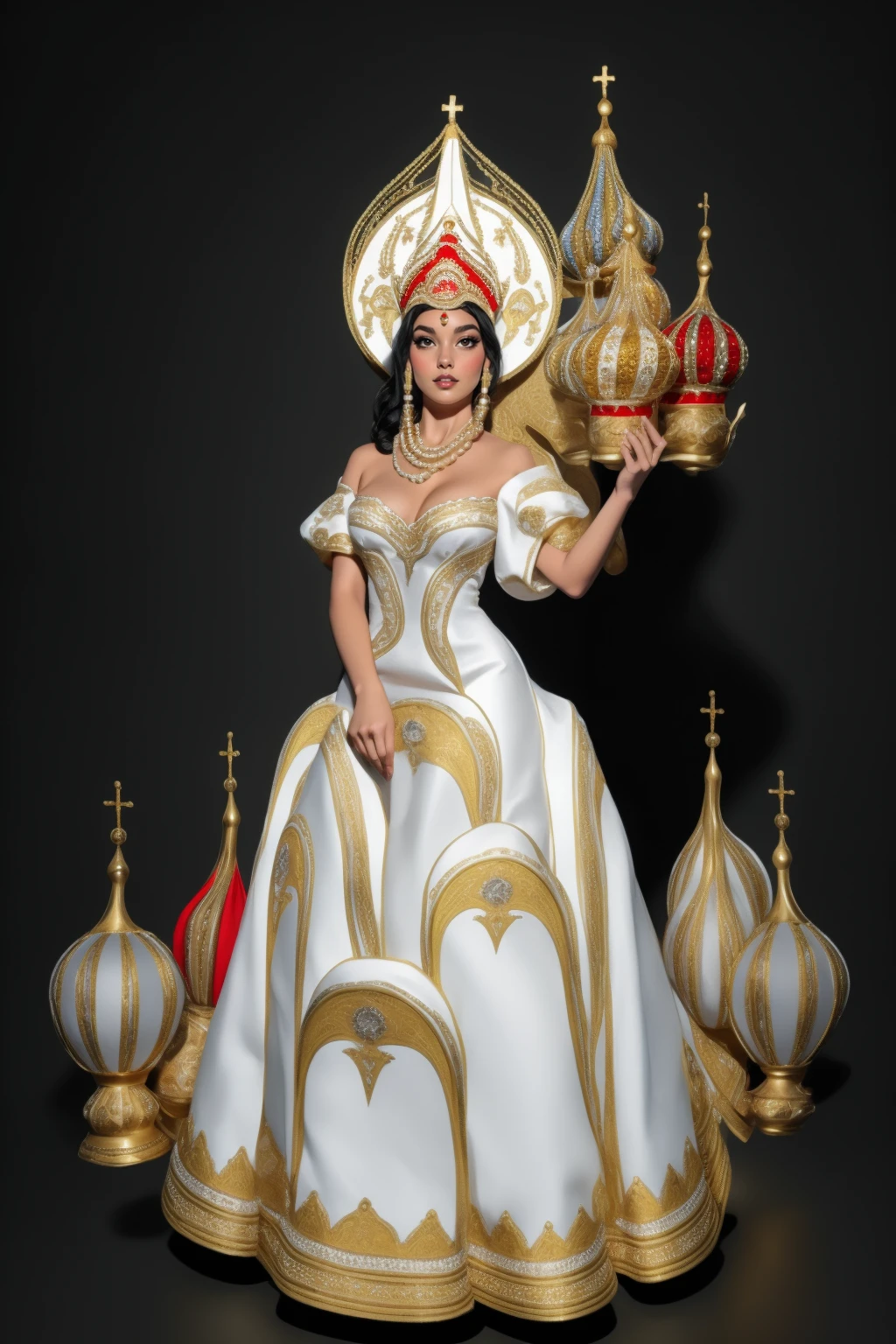 solo, full body, adult woman, (black hair), high quality, best quality, full breasts, <lora:HUD_WTF:0.7>, HUD_WTF, huge headdress, white dress made of many mitres, abstract neckline with many crowns on shoulder