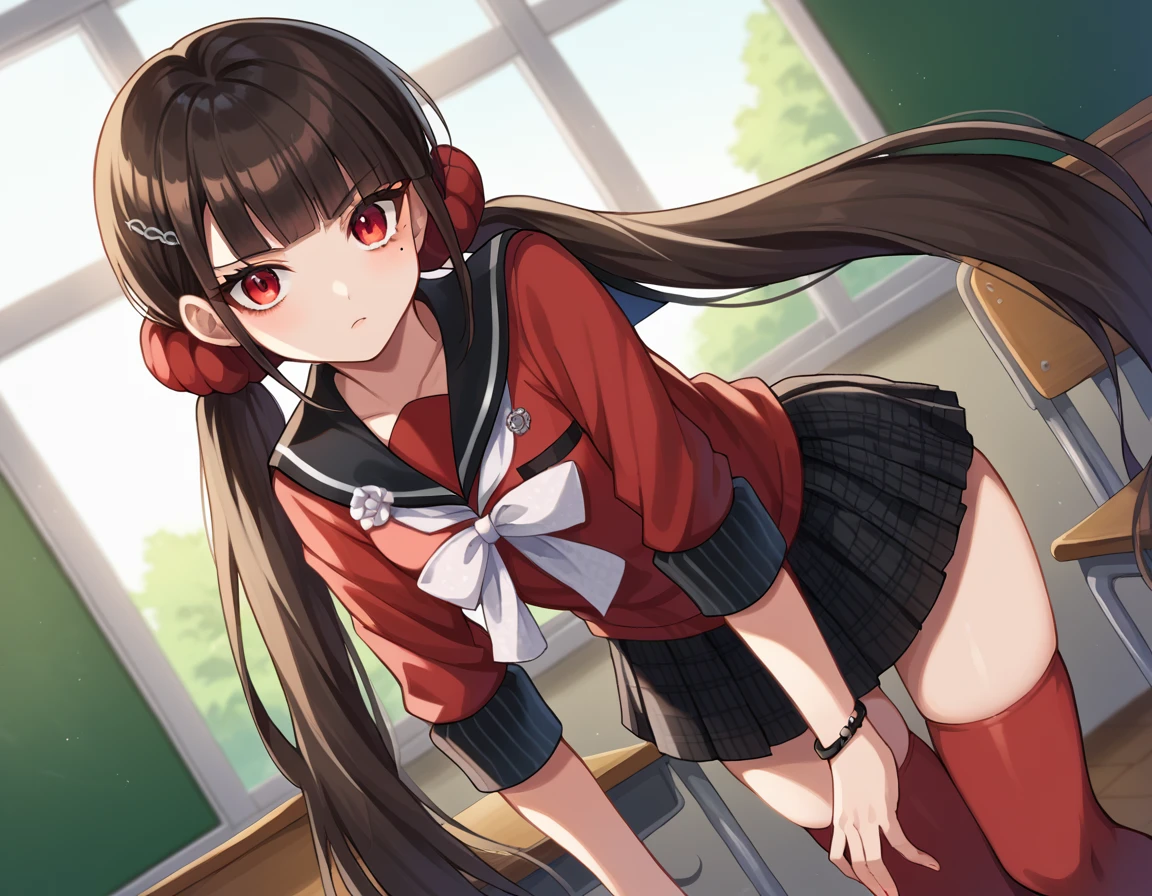 score_9, score_8_up, score_7_up, source_anime,
harukawamaki, <lora:maki-harukawa-ponyxl-lora-nochekaiser:1>
harukawa maki, long hair, bangs, brown hair, black hair, hair ornament, red eyes, twintails, very long hair, hairclip, blunt bangs, mole under eye, low twintails, scrunchie, hair scrunchie, red scrunchie,
skirt, shirt, thighhighs, long sleeves, bow, school uniform, pleated skirt, serafuku, miniskirt, black skirt, sailor collar, mole, bracelet, zettai ryouiki, plaid, plaid skirt, red shirt, black sailor collar, red thighhighs,
indoors, classroom, bent over,
looking at viewer, dutch angle, cowboy shot,