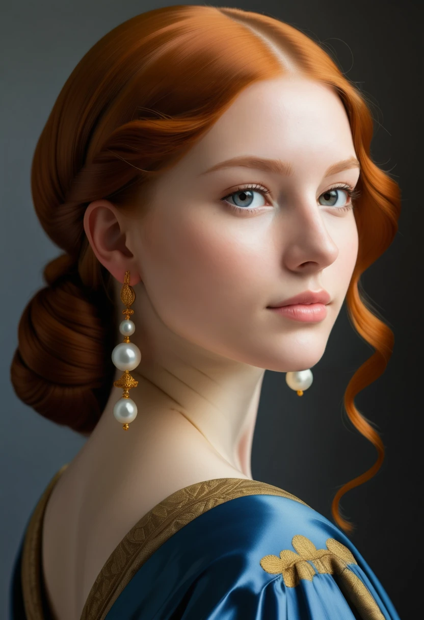Renaissance Portrait: A young woman with flowing red hair and a pearl earring, in the style of Johannes Vermeer.