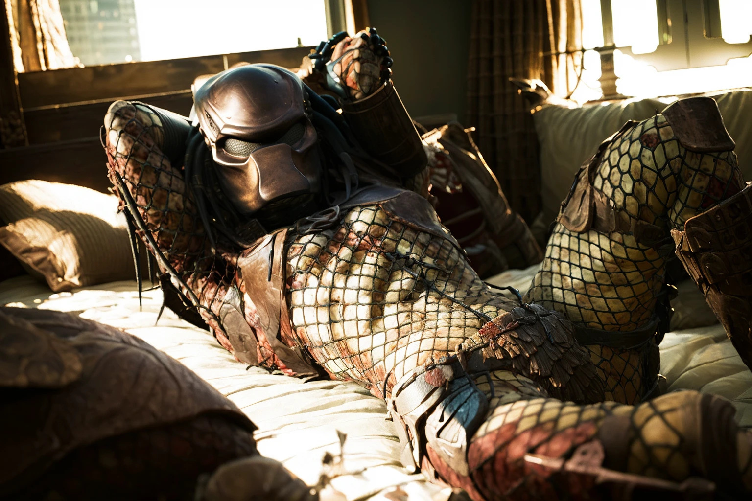 CityHunter,solo,male,predator \(movie\), mask,armor,fishnet,(detailed background,bedroom:1.5),sunlight,lying down, on bed,looking at viewer,full body,pillow,arms behind head <lora:CityHunter:1> <lora:more_details:0.2>