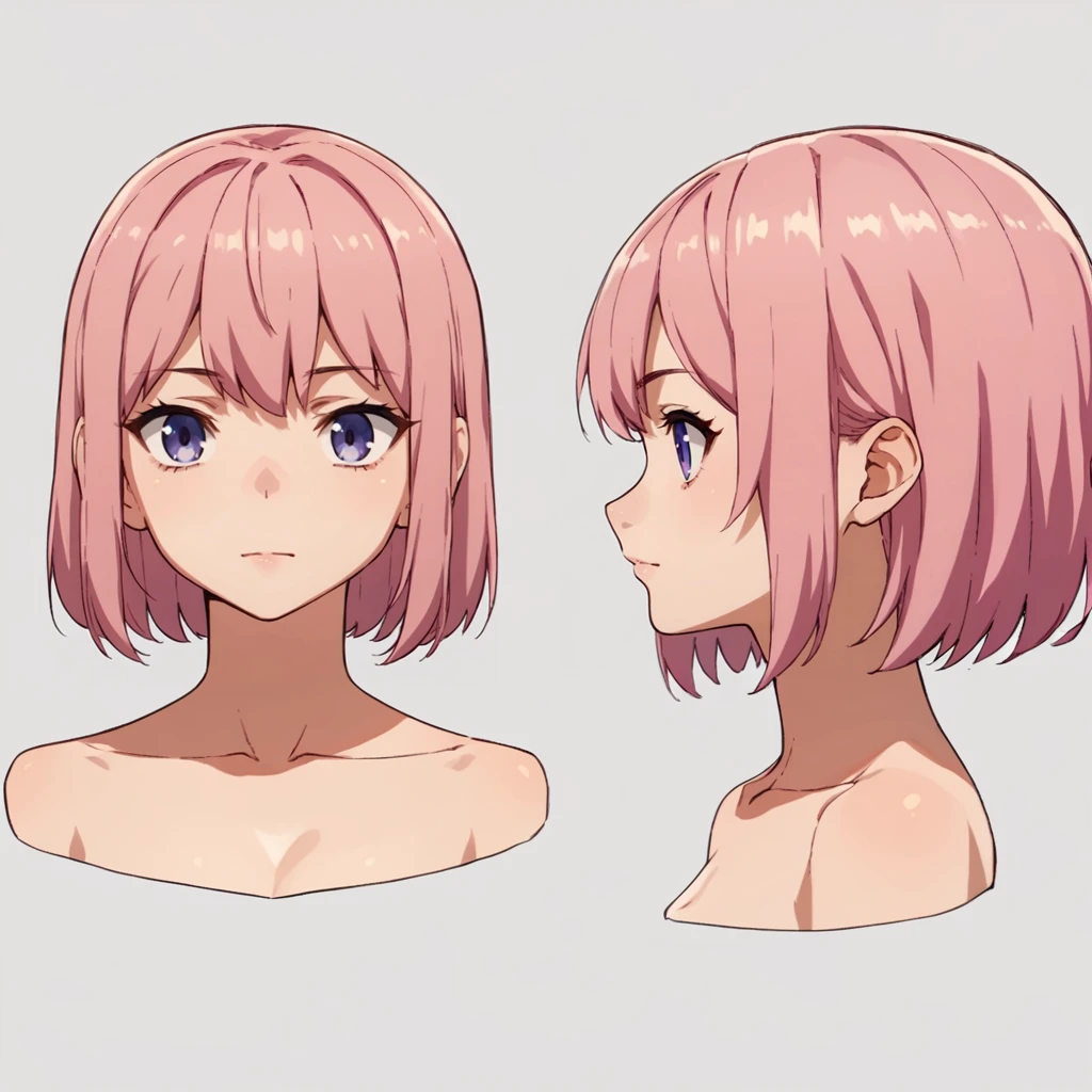 score_9, score_8_up, score_7_up, score_6_up, score_5_up, score_4_up, BREAK source_anime, <lora:character_sheet:0.9>, frond an side, multiple views,  front and side, headshot,1girl, purple eyes, pink hair, large breasts, navel,