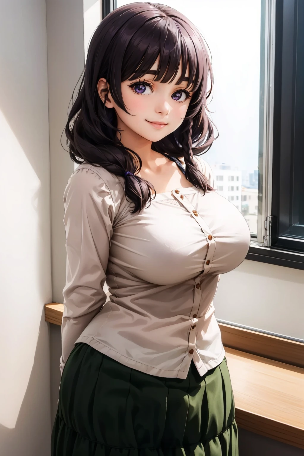 masterpiece, best quality, 1girl, <lora:matsukazemayu-nvwls-v1-000009:0.9> matsukaze mayu, purple eyes, blouse, long sleeves, green skirt, long skirt, looking at viewer, large breasts, smile, office