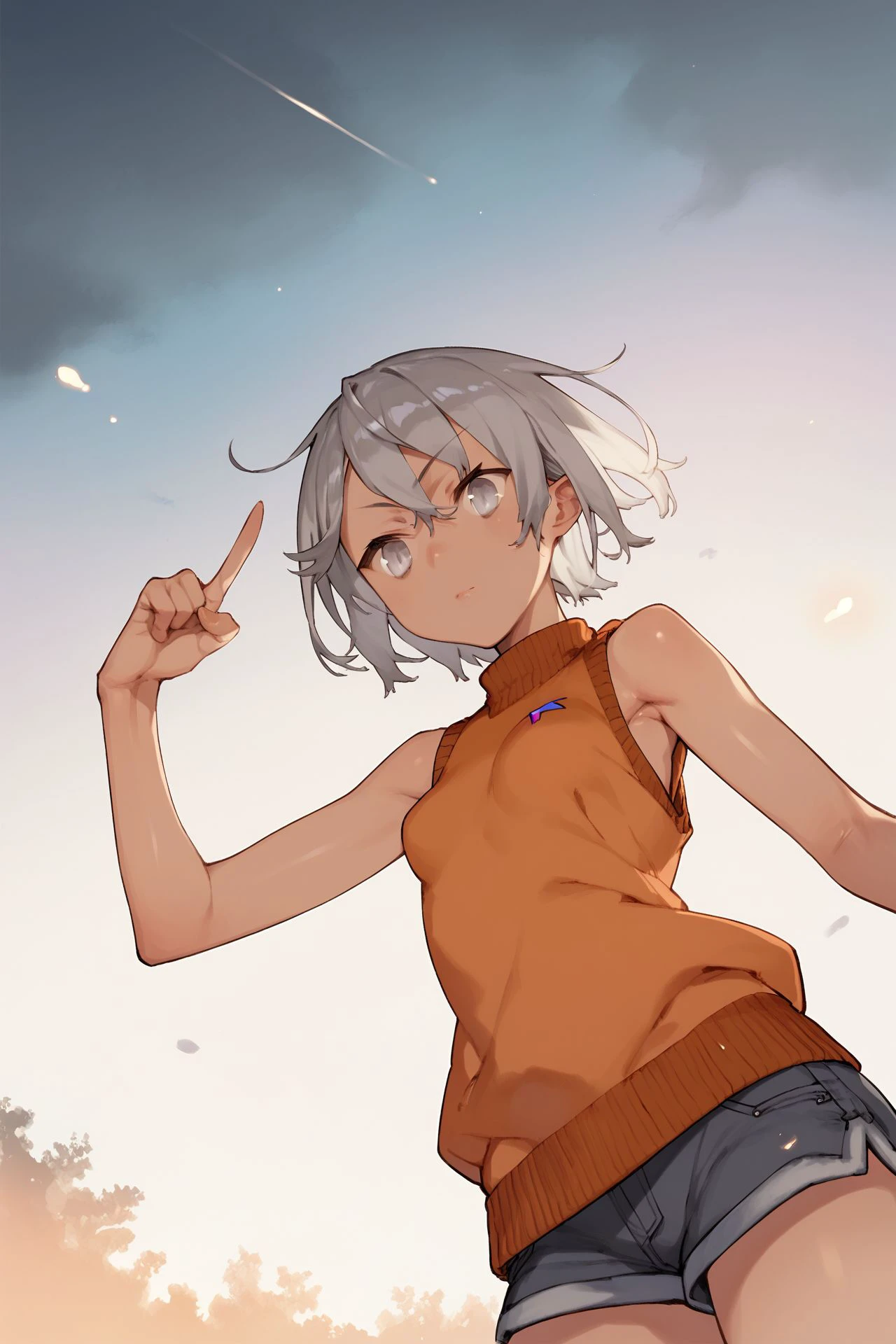 score_9, score_8_up, score_7_up, 1girl, pointing at self, :>, grey hair, sidelocks, silver eyes, small breasts, orange sweater vest, frontlighting, outdoors, from below <lora:noco_(adamas)_PonyXL_style_v02:1>