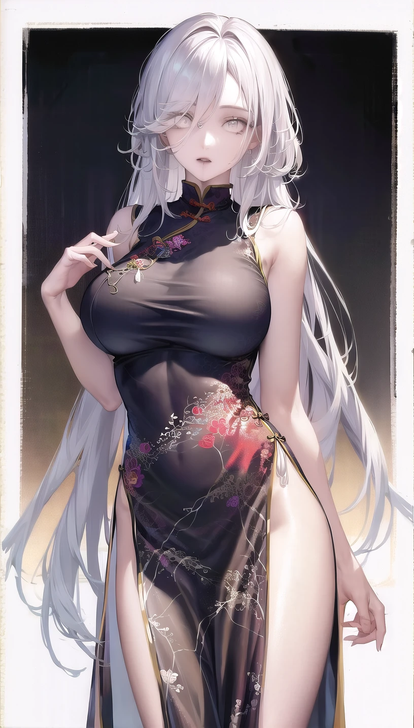 white hair,
(chinese clothes:1.28),
lady,mature female, cowboy shot, 
(white background, simple background:1.18), 
highres,official art,original,masterpiece,best quality, 
(large breasts),
<lora:nox:1>