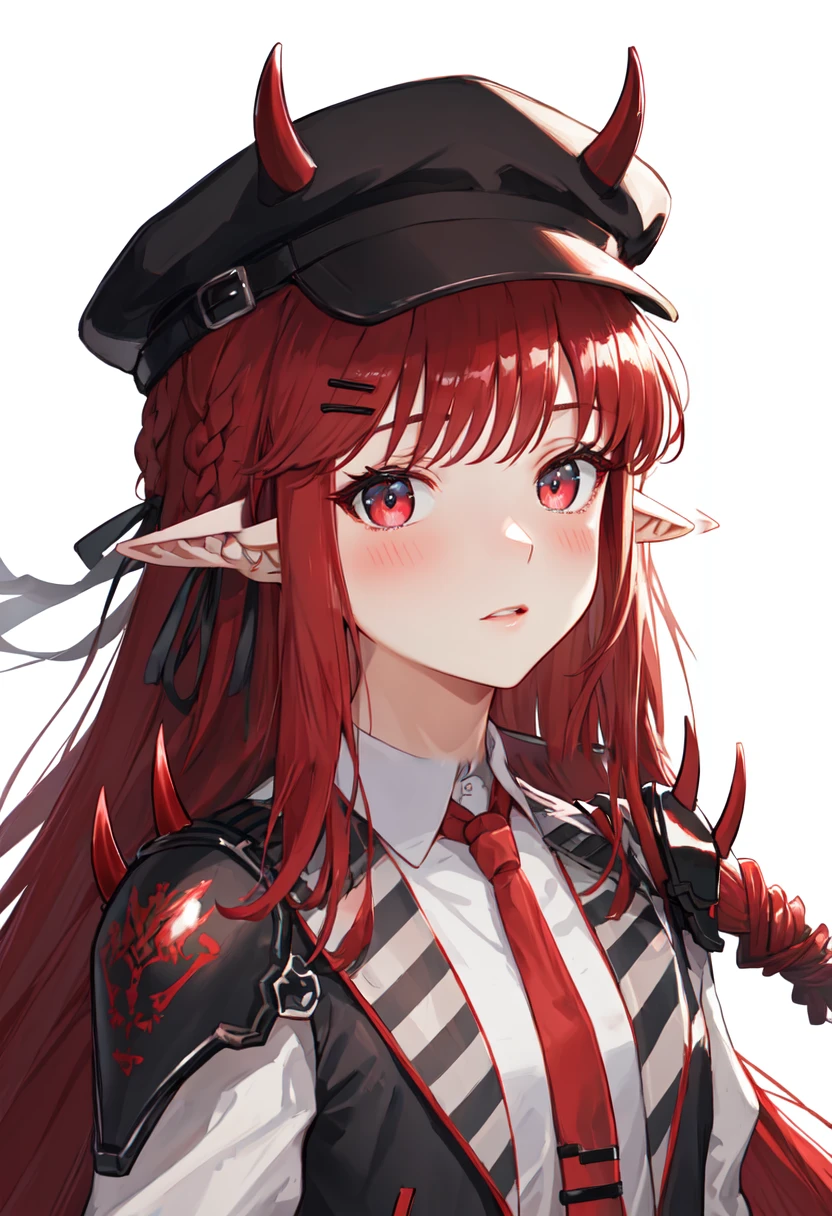 best quality, masterpiece, highres, solo, (vigna_arknights:1.10), 1girl, red necktie, collared shirt, upper body, white shirt, looking at viewer, hair ribbon, hairclip, simple background, closed mouth, white background, vest, blush, shoulder armor, 6 <lora:vigna_arknights:0.80>