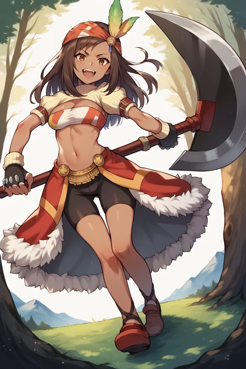 score_9, score_8_up, score_7_up, score_6_up, source_anime, 1girl, solo BREAK  <lora:ff9lani-pdxl-nvwls-v1-000005:1> ff9lani, brown hair, dark skin, bandana, feather hair ornament, turtleneck, cleavage, puffy sleeves, bandeau, red overskirt, fur trim, short shorts, fingerless gloves, forest, mountains, looking at viewer, happy, open mouth, furrowed brow, medium breasts, holding axe, huge axe