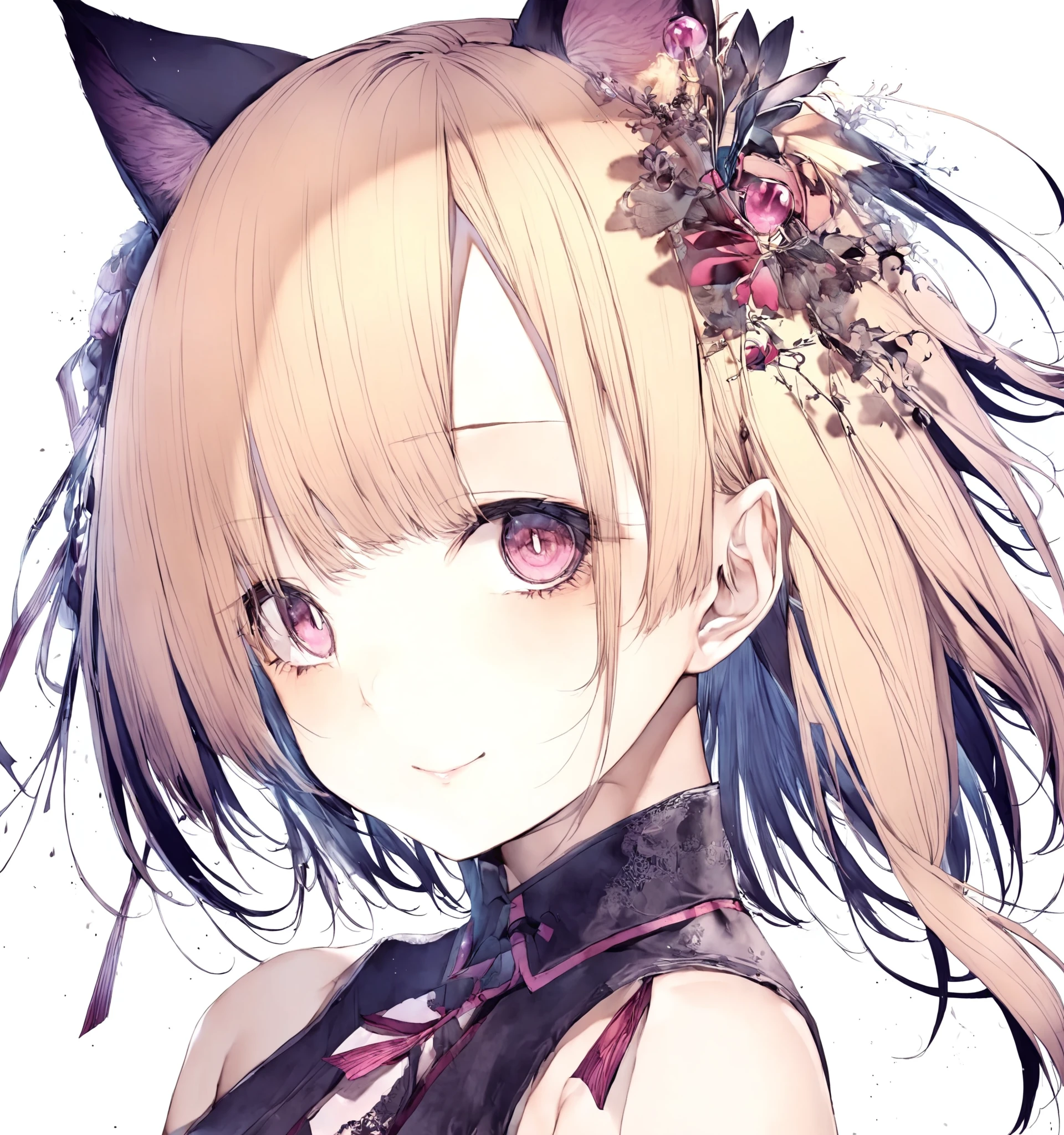 1girl, hito komoru,
cat ears, looking at viewer, smile, hair ornament, blonde hair, white background, pink eyes,reflection eyes, long hair,
<lora:kohaku_delta_style_hito_komoru-000044:1>