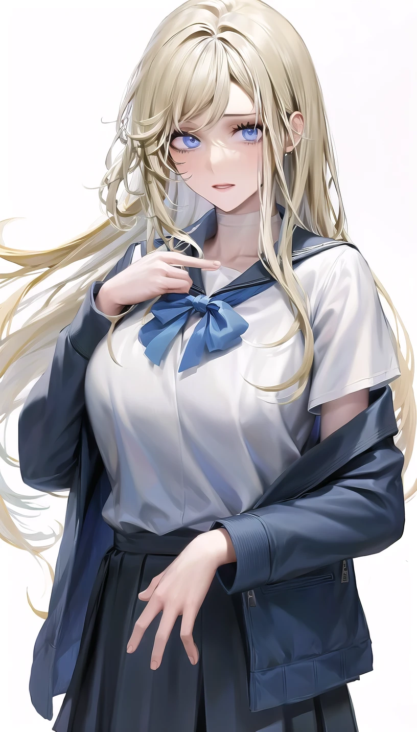 blonde hair, blue eyes,
(school uniform:1.28),
lady,mature female, cowboy shot,
(white background, simple background:1.18),
highres,official art,original,masterpiece,best quality,
(large breasts),
<lora:anbo:0.8>