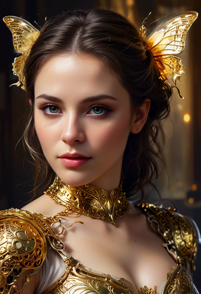 8k portrait of beautiful cyborg with brown hair, professional model smiling for the camera, intricate, elegant, highly detailed, majestic, digital photography, art by artgerm and ruan jia and greg rutkowski surreal painting gold butterfly filigree, broken glass, (masterpiece, sidelighting, finely detailed beautiful eyes: 1.2), hdr.