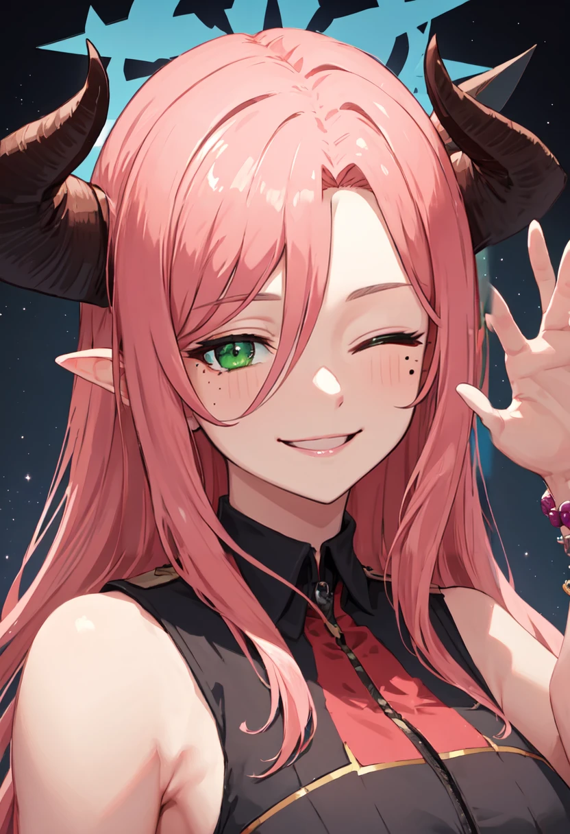 best quality, masterpiece, highres, solo, (juri_bluearchive:1.10), smile, happy, one eye closed, portrait, looking at viewer, 28 <lora:juri_bluearchive:0.80>