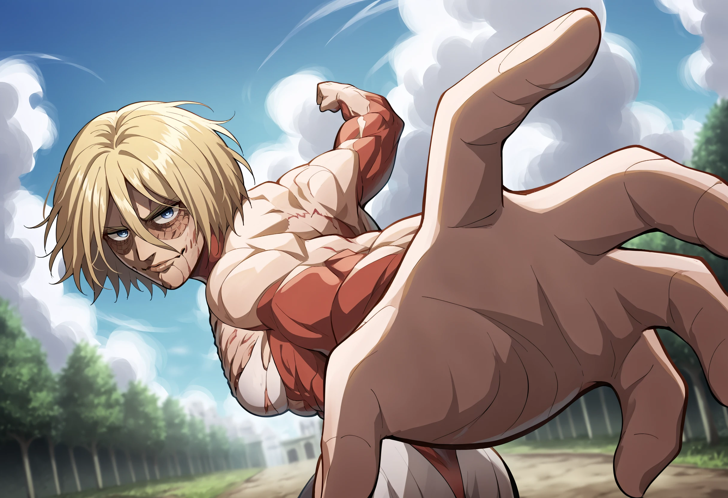 score_9, score_8_up, score_7_up, score_6_up, score_5_up, score_4_up, BREAK, source_cartoon, source_anime,
1girl,  female titan, blonde hair, short hair, blue eyes, muscular, scar, 
IncrsPunchMeme, incoming punch, blue sky, meadow
 <lora:FemaleTitanXL:1> <lora:PepePunchMeme_XLPD:1>