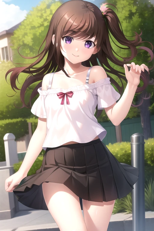 ((masterpiece)),(best quality),official art,extremely detailed CG,unity 8k wallpaper,ultra detailed,beautiful detailed eyes,extremely detailed face,outdoors,1girl,solo,cowboy shot,looking at viewer,facing viewer,smile,(petite:1.2),Enomiya Kotori,ahoge,long hair,brown hair,shiny hair,side ponytail,one side up,hair ornament,bangs,purple eyes,collarbone,bra strap,off-shoulder shirt,white shirt,short sleeves,small breasts,miniskirt,black skirt,pleated skirt,upskirt,pantyshot,white panties,black socks,black footwear,<lora:Enomiya Kotori(gmly)>,