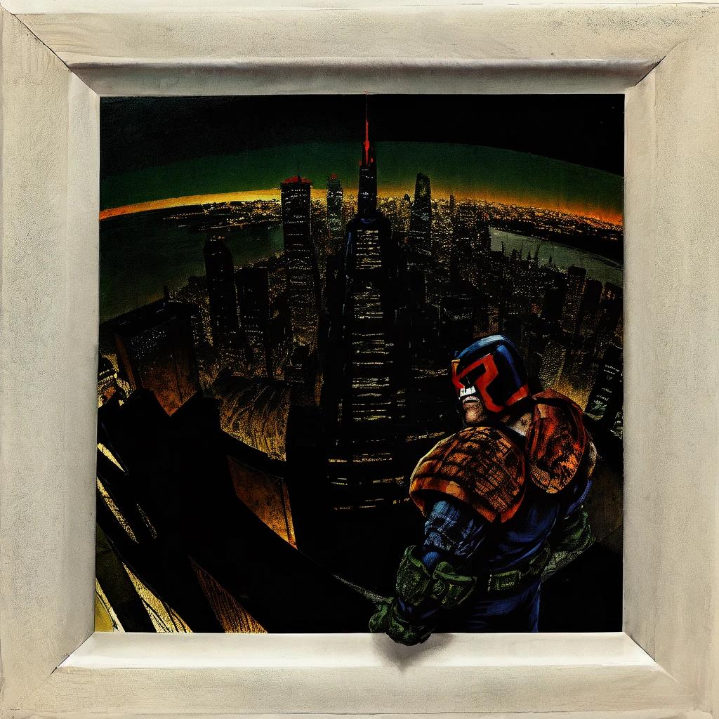 1man, helmet, armor, uniform, city, skyline, single frame, hand drawn, hand inked, cel shaded, jdgdrddcom,