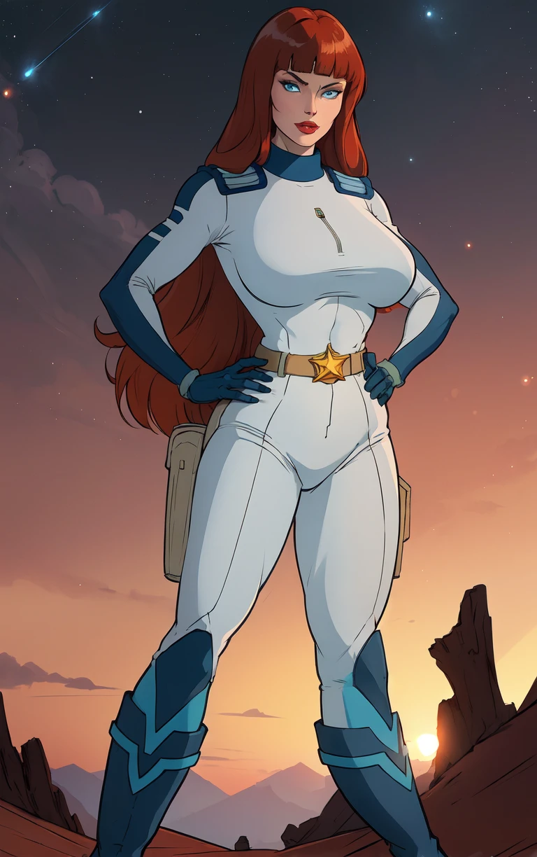 ((masterpiece, best quality)), insaneres, absurdres, solo, looking at viewer,
CARTOON_AdventuresofGalaxyRangers,
1girl, long hair, brown hair, bangs, blunt bangs, makeup, lipstick, lips, blue eyes, red hair, large breasts, very long hair,
skin tight, belt, bodysuit, uniform, boots, holster, spacesuit, military, gloves,
(contrapposto, hand on hip), sunset, sidelighting, <lora:CARTOON_AdventuresofGalaxyRangers:1>,
depth of field, light particles,
