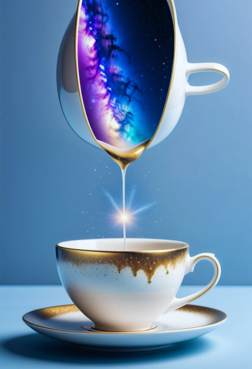 A teacup overflowing with a galaxy spilling out onto a saucer.