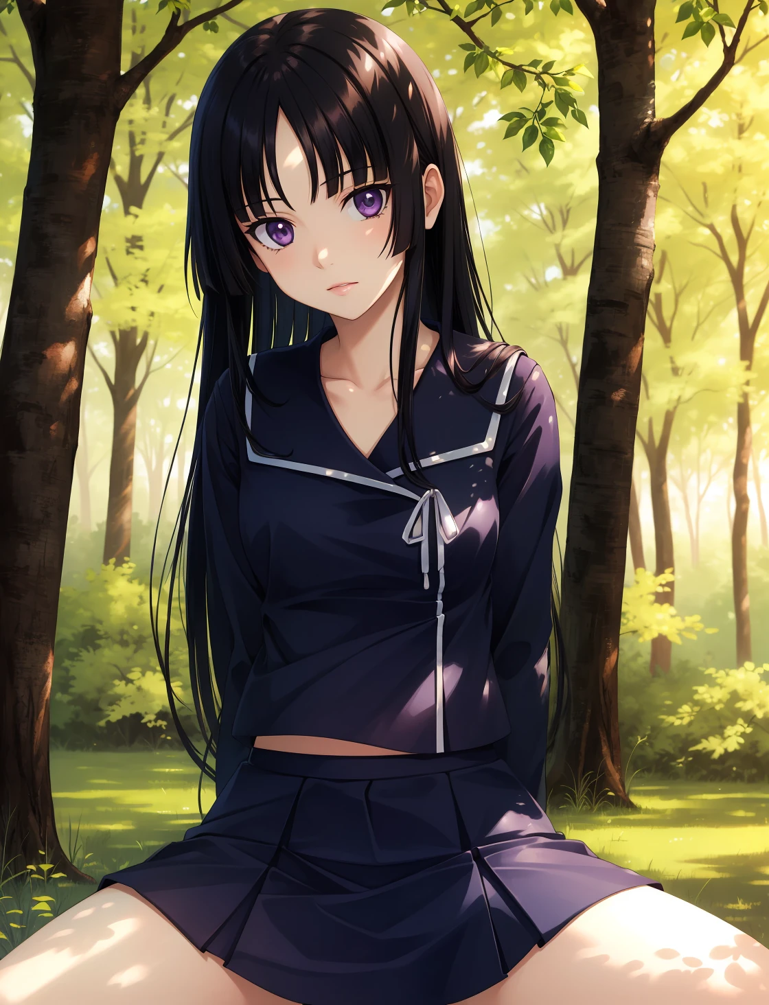 masterpiece, best quality, highres,
IsayamaAi, 1girl, solo, purple eyes, black hair, long hair, bangs, blunt bangs, very long hair, 
skirt, school uniform, serafuku, blunt bangs, black serafuku, 
sitting, spread legs, cowboy shot, looking at viewer, arms behind back, forest, outdoors, tree, sunlight, cloudy, <lora:Isayama:1>