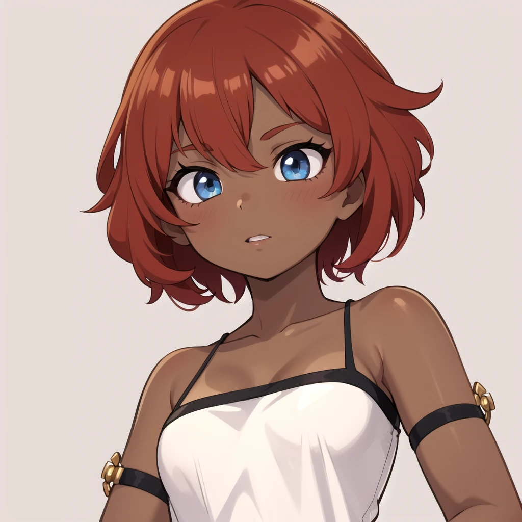 2k, 1girl, white dress, short hair, very short hair, dark-skinned female, tomboy, tan, simple background, red hair, blue eyes,