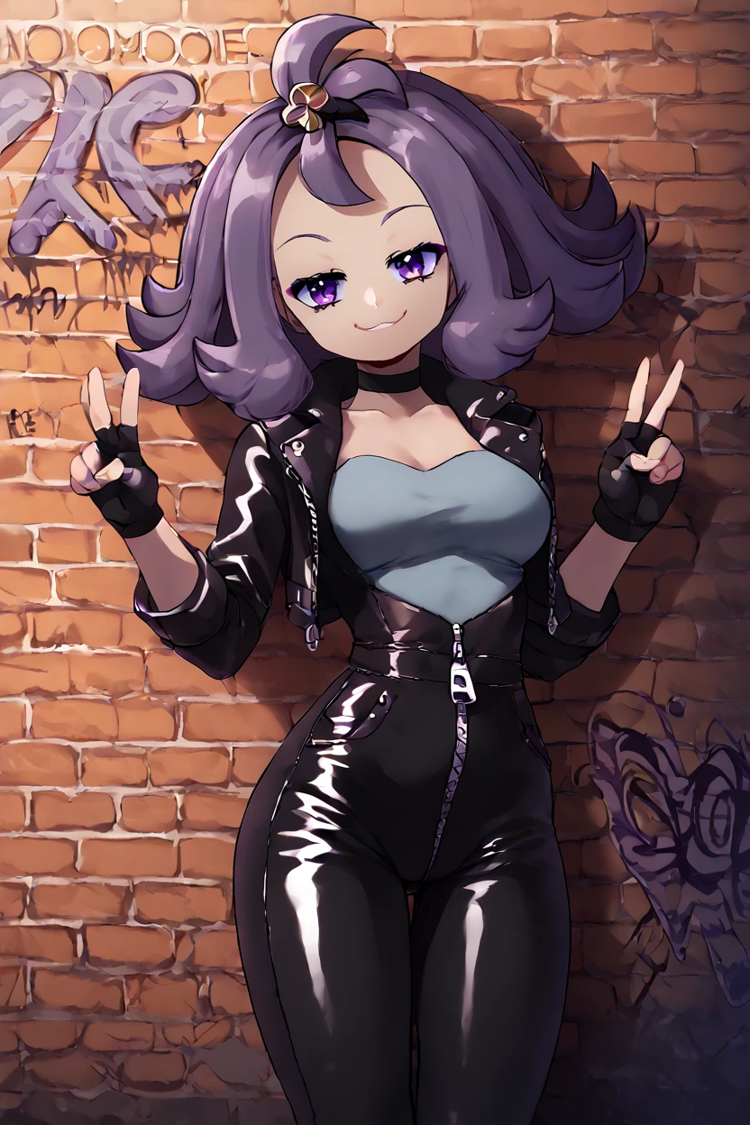 high resolution, highly detailed, perfect lighting, beautiful detailed eyes,   ((masterpiece,best quality)), absurdres, solo,   <lora:Acerola_Pokemon_P1:0.8>, acerola (pokemon), purple hair, purple hair, topknot, flipped hair, medium breasts,   solo, smile, looking at viewer, leather jacket, leather pants, black jacket, tight pants, black choker, zipper, fingerless gloves, multiple belts, shiny clothes, (graffiti:1.2), brick wall, leaning on wall, smirk, smug, v, head tilt, shiny clothes,  <lora:LunarCAT_Style:0.8>,