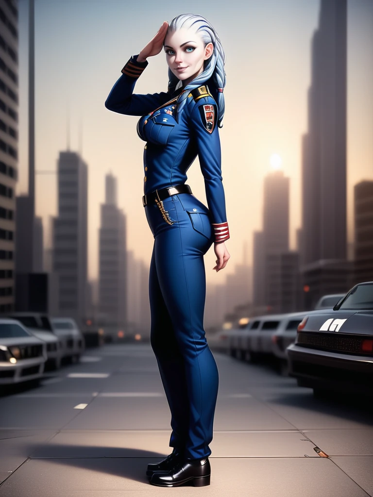 <lora:Gwyndala:0.6> gwyndala, 1girl, solo, breasts, looking at viewer, full body, highly detailed,in a big city,  uniform, from side, standing, salute