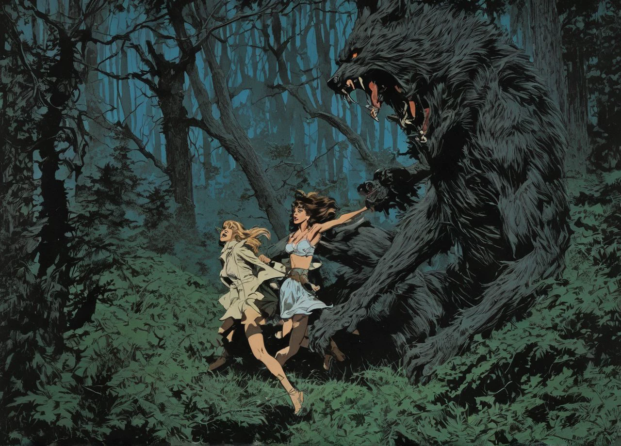 1girl in the forest being attacked by a werewolf, dynamic, blushing, ripped clothes, full moon, intricate, detailed, savage