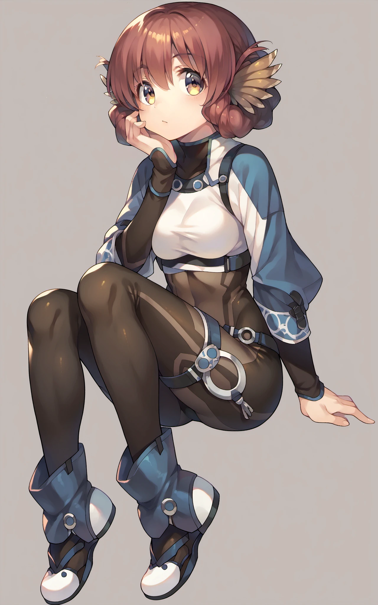score_9,score_8_up,score_7_up,score_6_up,score_5_up,score_4_up,(source_anime),1girl,utawarerumono,utawarerumono: itsuwari no kamen,simple background,sitting,<lora:nosuri_pony:1>,nosuri,full body,thighhighs,bodysuit,