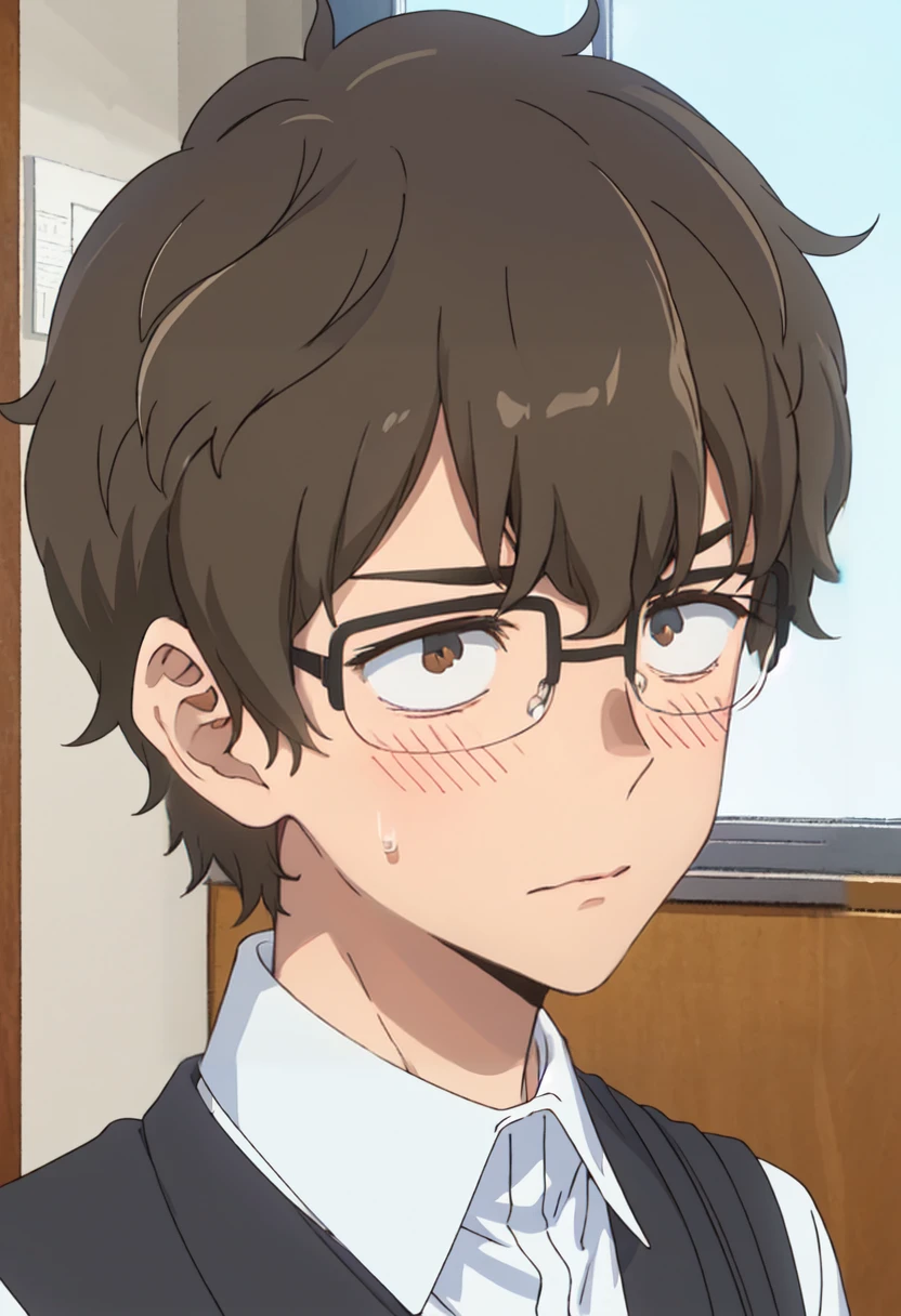 best quality, masterpiece, highres, solo, (hachiouji_naoto_donttoywithmemissnagatoro:1.10), 1boy, collared shirt, male focus, white shirt, black-framed eyewear, sweatdrop, portrait, closed mouth, blush, indoors, anime_style, 0 <lora:hachiouji_naoto_donttoywithmemissnagatoro:0.80>