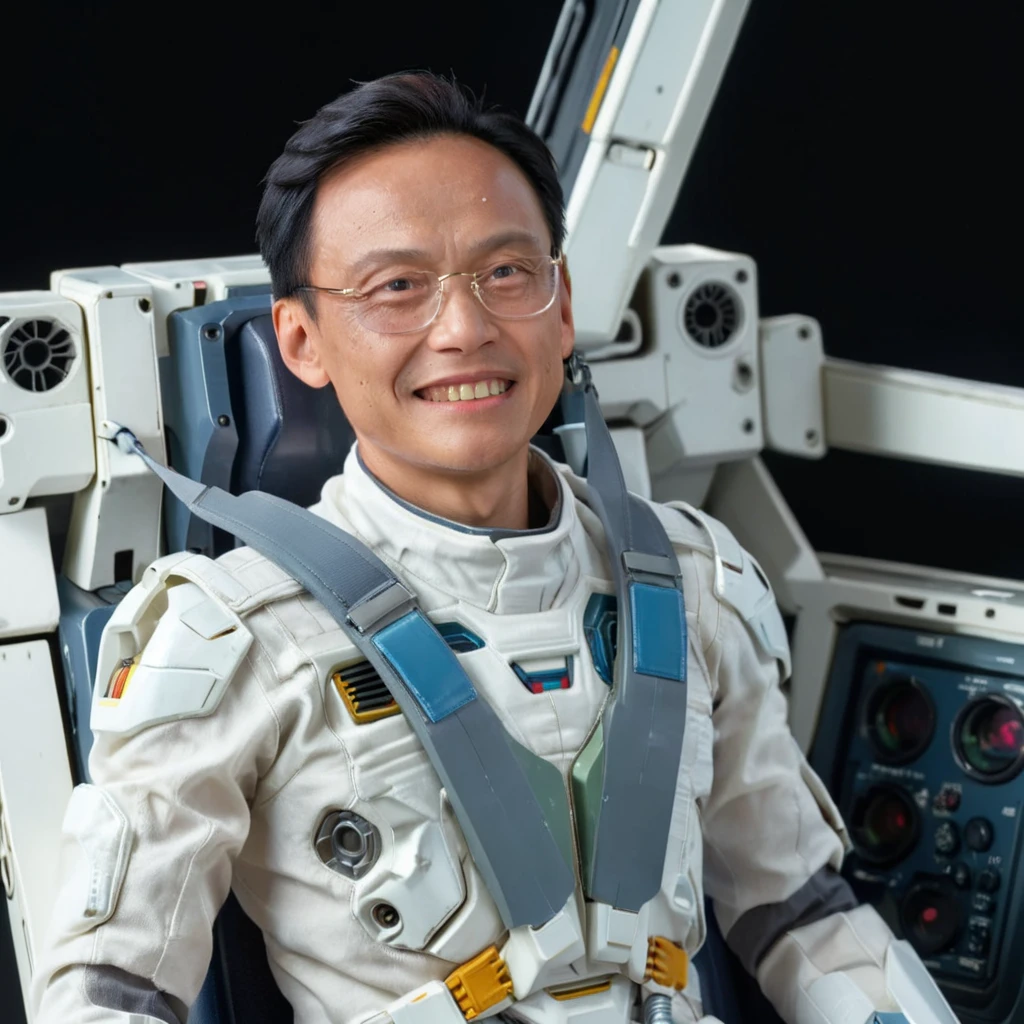 glasses,Create a realistic style image of an Asian man in white clothes, with a smile on his face, <lora:gundamwingcockpitXL2:0.8> gundamwingcockpit, <lora:cowhead:0.85>