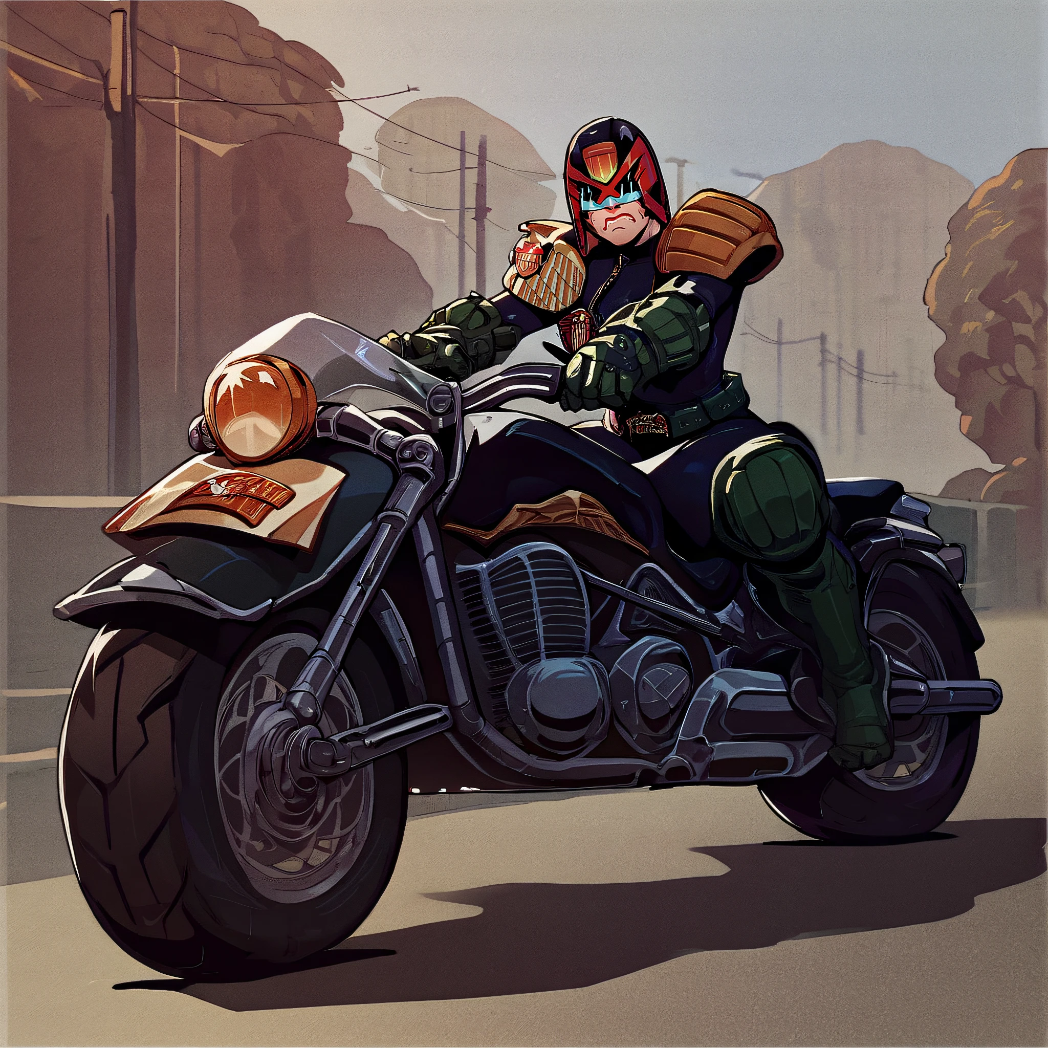 score_9, score_8_up, score_7_up, score_6_up, score_5_up, score_4_up, source_anime, BREAK, judge dredd riding a motorcycle, armor, helmet, scowling, black visor, motorcycle,