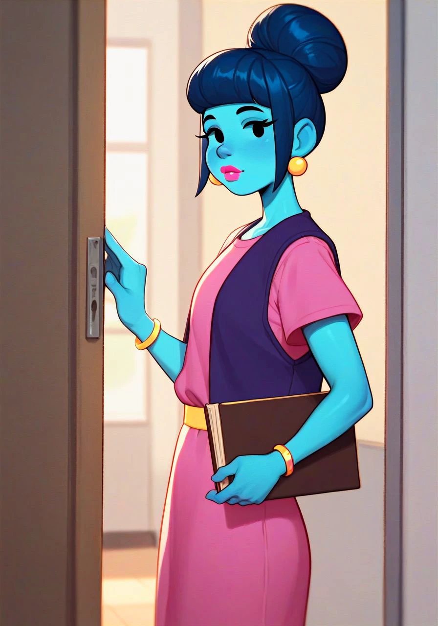 score_9,score_8_up,score_7_up,score_6_up, BREAK
blue skin, dark blue hair, hair bun, dot eyes, eyelashes, pink lipstick
yellow stud earrings, t-shirt dress, pink dress, purple vest, open vest, yellow bracelet, purple bracelet, yellow belt, pink pumps
(leaning backwards against doorway:1.2), side view, holding textbook, looking at viewer
classroom, high school
<lora:newb3rryTV_PDXL:1.0>