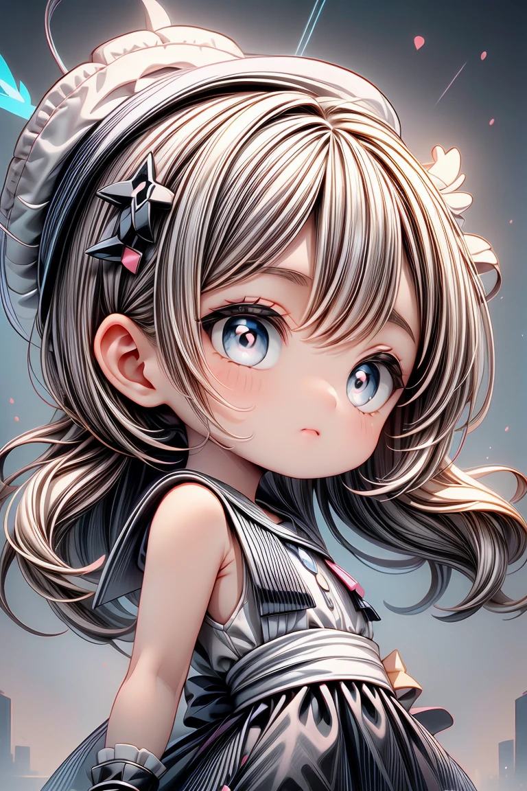 EarthKawaii,professional_artwork,best_quality,(grey and black theme,silver_trim:1.3),1girl,solo,(cute,kawaii,petite,elegant,evil,perfect_face,beautiful:1.2),silver_hair,long_hair,hair_ornament,hair_intakes,grey_eyes,closed_mouth,sailor_dress,serafuku,sailor_hat,shoulder_sash,star \(symbol\),((Detailed)), ((Masterpiece)), ((Impressive)), ((Magic Circle)), ((Elegant)), ((Mind-blowing)), ((Phenomenal)), anime, Shojo, Drama, digital artwork, Digital masterpiece, Digital masterpiece, Digital illustration, neon light, Neon illumination, Electrifying light, Vibrant glow, 35mm, Panoramic view,Illustration,Cover,enigmatic figure,crystals adorning hair,dreamlike swirl,pastel hues,soft light,evoking calm serenity and elusive beauty,Non-representational,colors and shapes,expression of feelings,imaginative,highly detailed,shoulder_sash,black_trim,grey_eyes,fingerless_gloves,headwear,close-up,looking_at_viewer