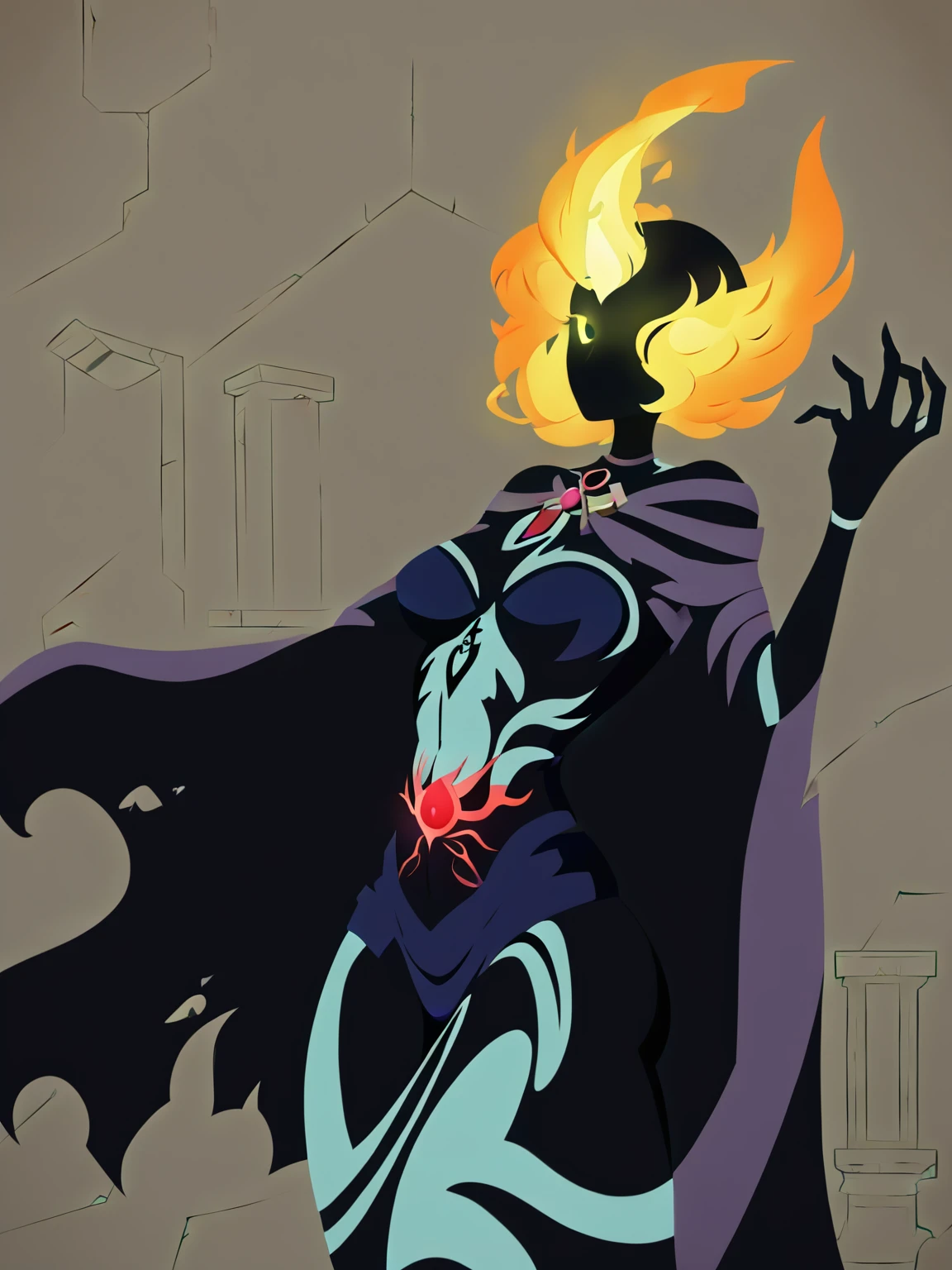 min01style, minimalist style,  [:aura:0.2], [score_4_up::0.4], [phoenix::0.3], [:woman:0.2], [cape::0.4], [:glow:0.6], [:gothic:0.4], [:glowing hair:0.2],  ruins in background, 
 <lora:Minimalist_styleXL-000010:1>