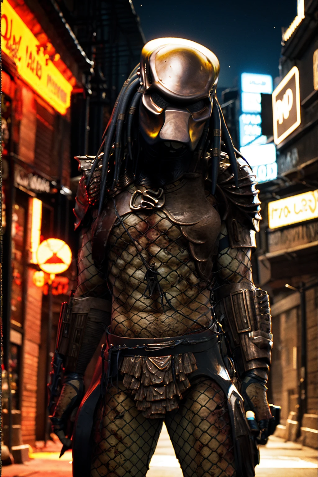 predator, female, crouching, curvy, city rooftop nighttime, nipples, face, hardbody, armor, front view, 16k, masterpiece, analog, facing camera, cinematic lighting, volumetric lighting, vray tracing, unreal engine 5, portait, Canon EOS-1D Mark III, trending on DeviantArt <lora:yautjaPredatorLadiesOf_20:0.6>