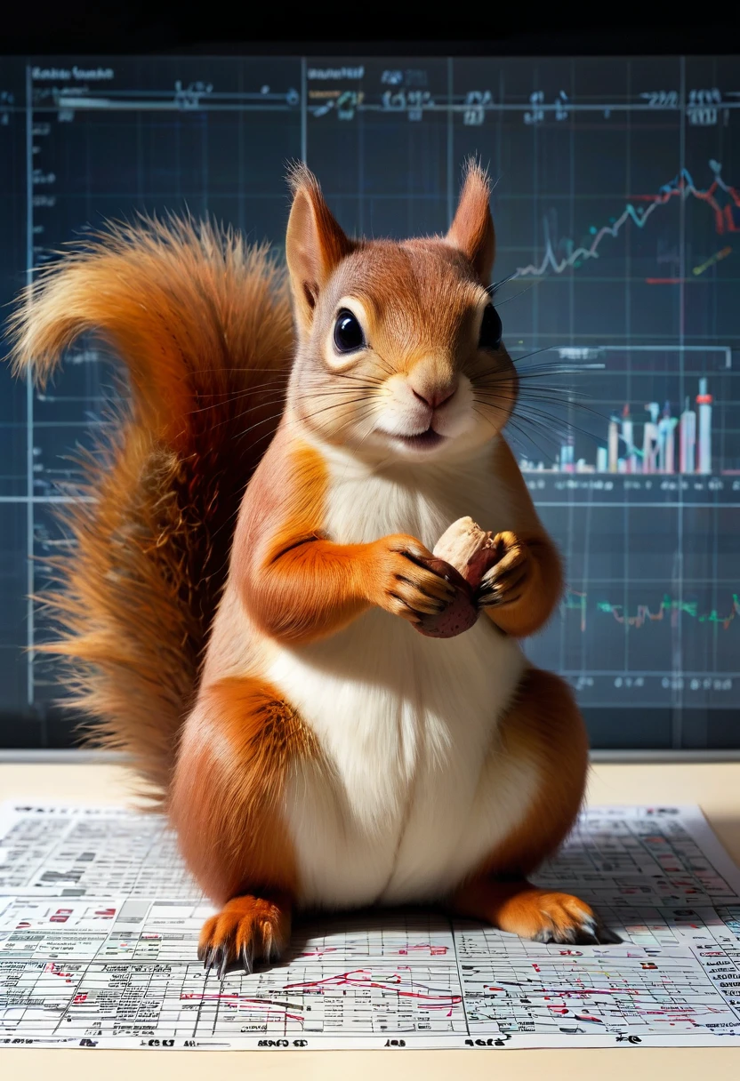 A comic book-style illustration of a squirrel AI analyzing a nut, charts and graphs projecting from its eyes.